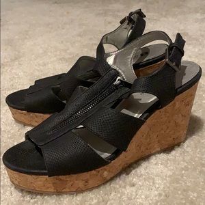 Heels: Black with cork wedge